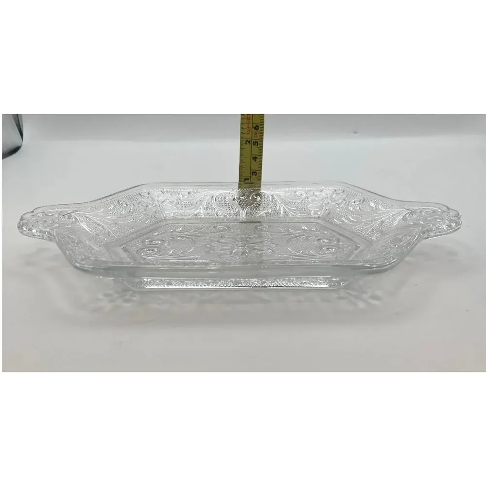 Vintage Indiana Clear Glass Sandwich Floral Pattern Relish Tray with Handles